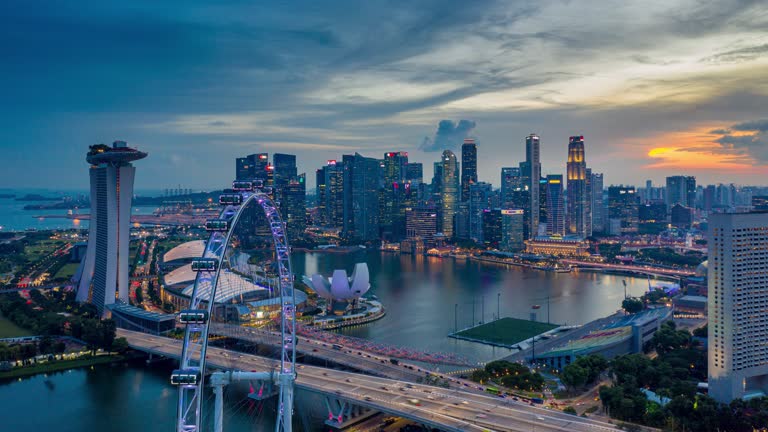 Hyperlapse or Dronelapse scene of Singapore business district downtown at sunset