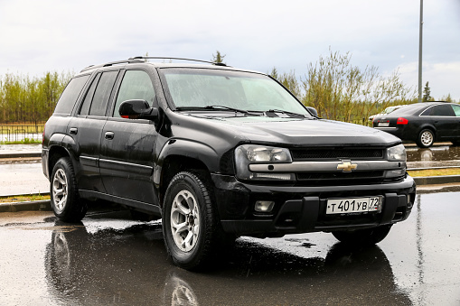 Novyy Urengoy, Russia - June 21, 2019: Black offroad car Chevrolet TrailBlazer in the city street.