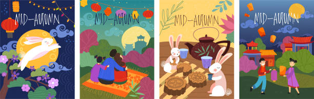 一套四個五顏六色的卡通中秋海報設計描繪跳躍的兔子，兔子茶會，和家庭與發光的紙燈籠在亞洲景觀 - midautumn festival 幅插畫檔、美工圖案、卡通及圖標