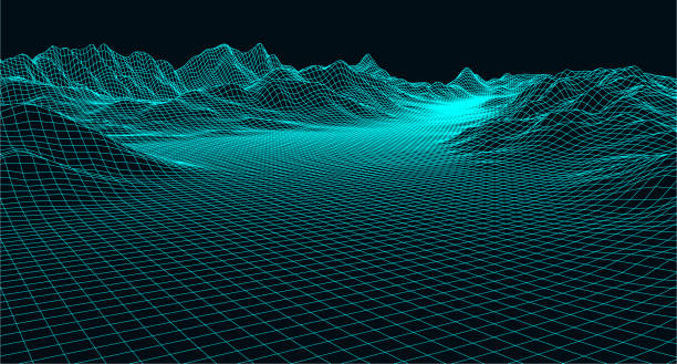 abstrakte digitale landschaft mit teilchen punkten und sternen am horizont. drahtmodell-landschaft hintergrund. big data. 3d futuristische vektor-illustration. 80er jahre retro sci-fi hintergrund - map topography topographic map symbol stock-grafiken, -clipart, -cartoons und -symbole