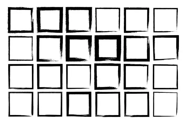 Vector illustration of Set of vector squares with irregular stroke. Rough brush strokes. Different thickness of drawn lines.