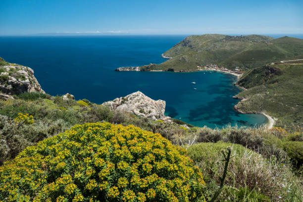 overviewing the most southern part of mani peninsula, peloponnese, greece - mani peninsula imagens e fotografias de stock