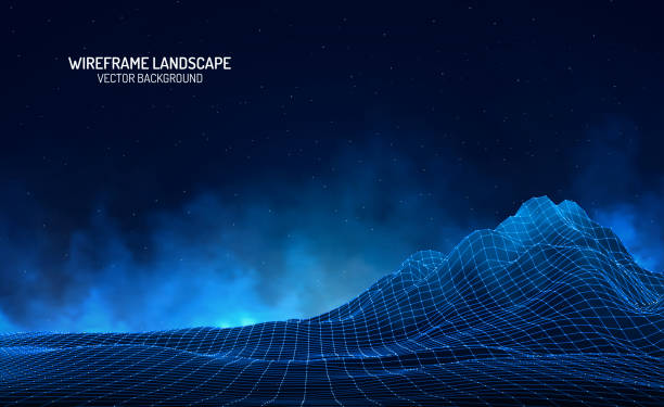 istock Abstract digital landscape with particles dots and stars on horizon. Wireframe landscape background. Big Data. 3d futuristic vector illustration. 80s Retro Sci-Fi Background 1171350364