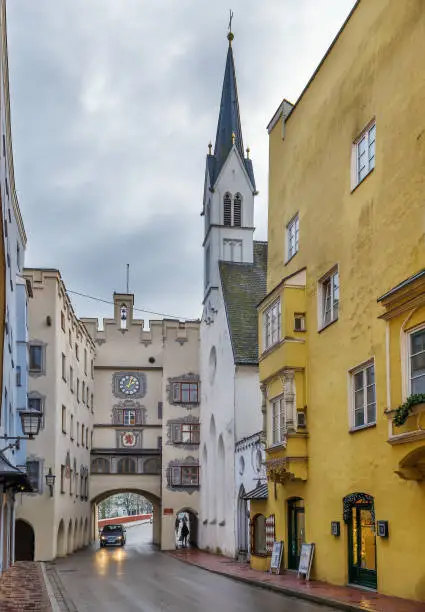 Street with Spitalkirche and Brucktor in Wasserburg am Inn, Germany