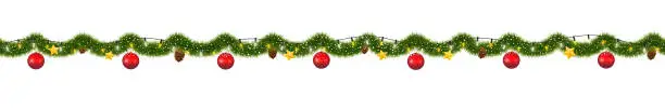 Vector illustration of Christmas garland with lights. Seamless New Year tinsel with snow