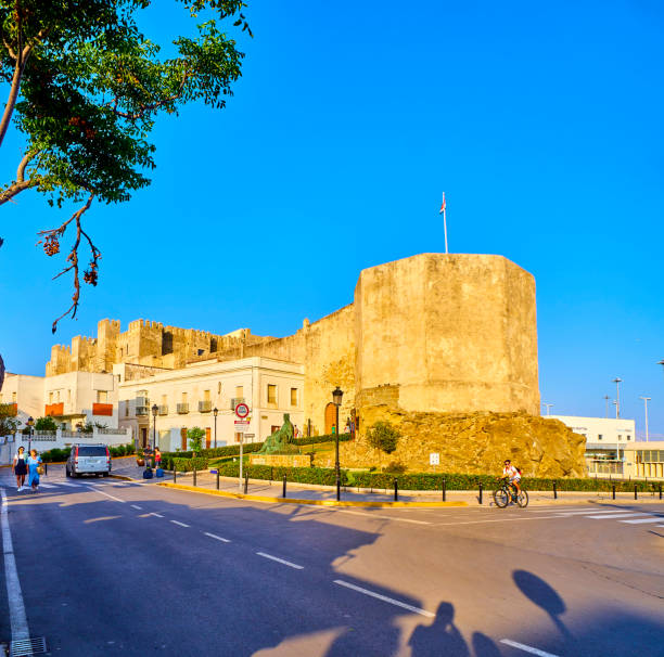 Tarifa, Spain - June 27, 2019. Guzman el Bueno Castle. View from Plaza Miramar Square. Tarifa downtown. Cadiz province, Andalusia, Spain.