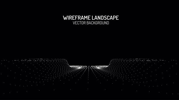 istock Abstract digital landscape with particles dots and stars on horizon. Wireframe landscape background. Big Data. 3d futuristic vector illustration. 80s Retro Sci-Fi Background 1171365162