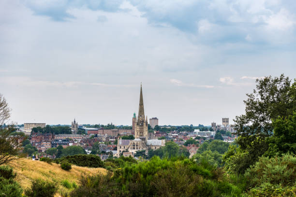 Norwich skyline from a nearby hill Skyline of Norwich in East England on a cloudy day, with both cathedrals and the castle to be recognised. norman uk tree sunlight stock pictures, royalty-free photos & images