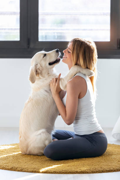 mulher consideravelmente nova que abraça seu cão ao sentar-se no assoalho em casa. - house kissing women residential structure - fotografias e filmes do acervo