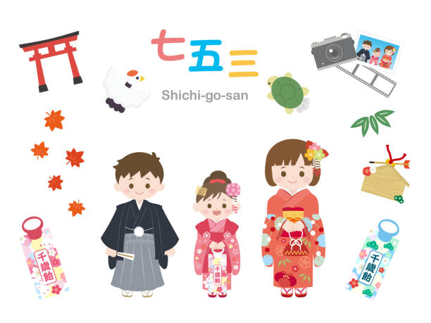 ilustrações, clipart, desenhos animados e ícones de shichi ir san de - 3 6 months