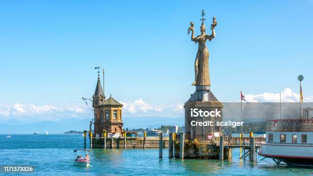 Old Lighthouse And Big Statue Of Imperia In Harbor Of Konstanz Germany Stock Photo - Download Image Now