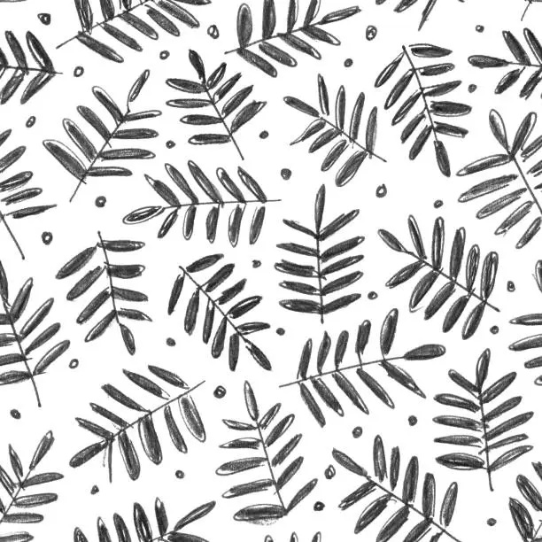 Vector illustration of Hand drawn by pencil seamless pattern with single isolated on white background twigs with tiny leaves - illustration in vector with imperfect nature and little dots