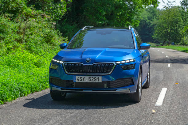 Basel, Switzerland - 26th August, 2019: Skoda Kamiq driving on the road. This model is the smallest SUV/crossover from Skoda (Volkswagen Group).