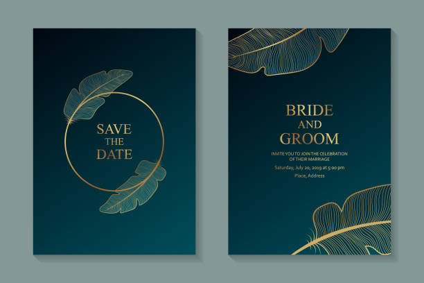 Greeting card design, wedding invitations, rsvp or template for writers competition diploma. Set of two cards with golden frame and feathers on a dark turquoise background. thank-you-gold-greeting-card stock illustrations