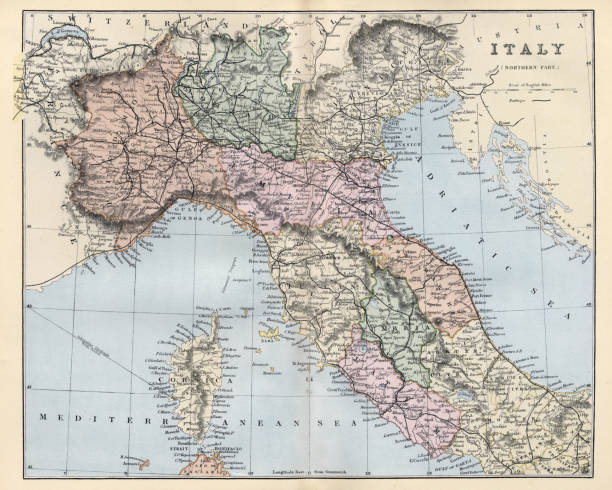 Vintage engraving of Antique map of Northern and central Italy, Corsica, 19th Century