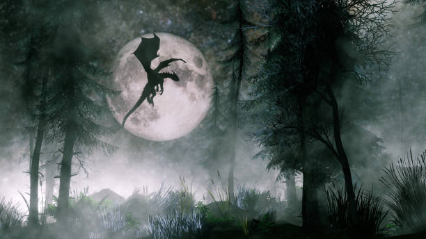 drago che vola di notte - fantasy flying dragon monster foto e immagini stock