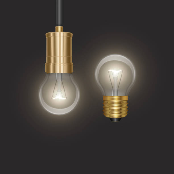 ilustrações de stock, clip art, desenhos animados e ícones de realistic glow bulb background with luminant lens end lamp hanging on wire on dark background - luminant