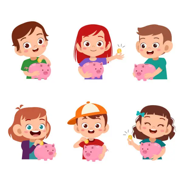 Vector illustration of Boys and girls holding piggy bank illustration set bundle