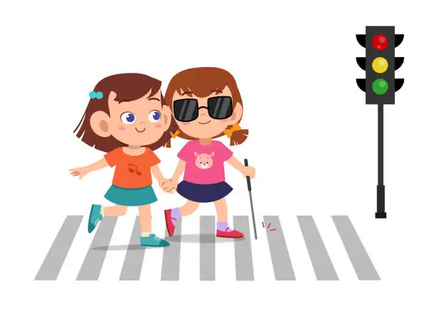 Vector illustration of kid girl help blind friend cross road