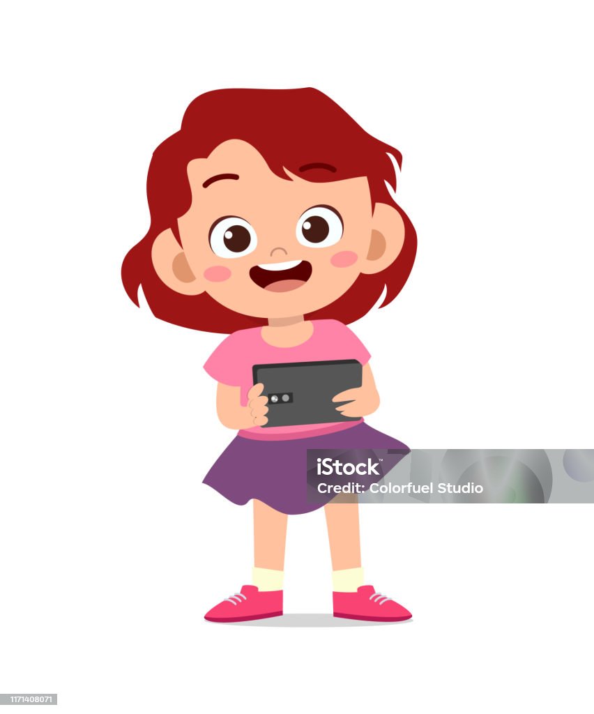 Drawing Kid Using Smartphone Kid Girl Using Smartphone Vector Stock Illustration - Download Image ...
