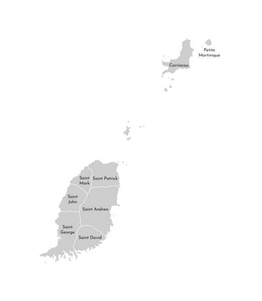 ilustrações de stock, clip art, desenhos animados e ícones de vector isolated illustration of simplified administrative map of grenada. borders and names of the parishes (regions) and islands with status of dependency. grey silhouettes. white outline - st george church