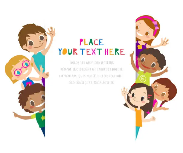 Vector illustration of Group of Children waving. Kids waving their hands. Cartoon illustration on white background, Copy space for text.