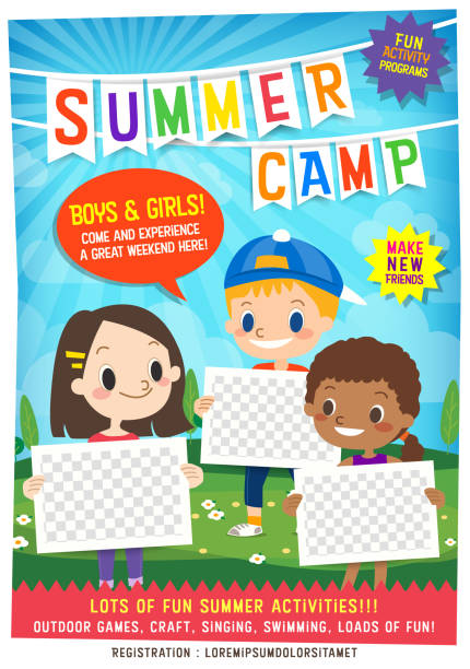 ilustrações, clipart, desenhos animados e ícones de crianças verão acampamento educação publicidade poster flyer template - summer camp sign child summer