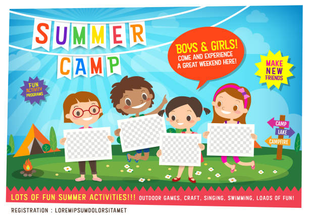 ilustrações, clipart, desenhos animados e ícones de crianças verão acampamento educação publicidade poster flyer template - summer camp sign child summer