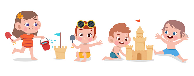 happy kids beach holiday vector illustration isolated