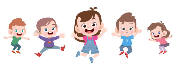 행복한 학교 아이 점프 벡터 일러스트 레이션 고립 - child jumping white background small stock illustrations