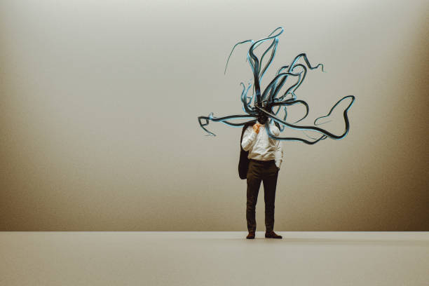 Portrait of 60-65 years old white-haired man with positive emotion.Double exposure.One of the double exposure has plant leaves.