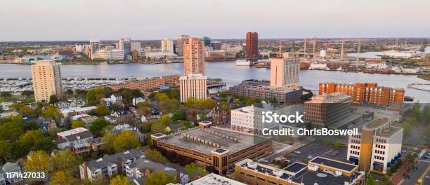 Aerial View Over Portsmouth Virginia Across The Elizabeth River To Norfolk Stock Photo - Download Image Now