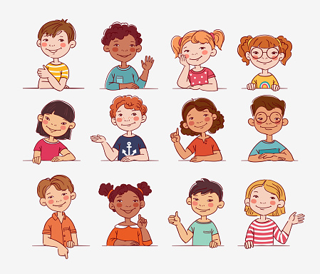 Funny kids. Multi-ethnic group of happy children. Different cartoon faces icons