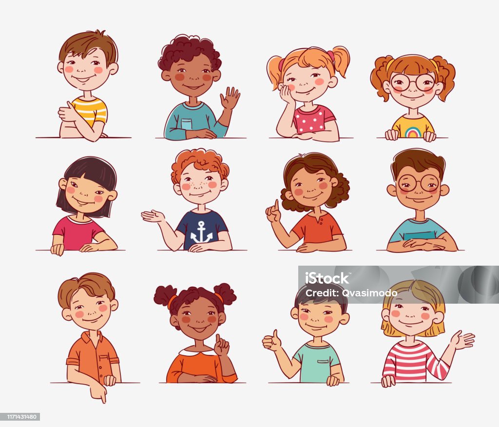 Funny Kids Multiethnic Group Of Happy Children Different Cartoon Faces  Icons Stock Illustration - Download Image Now - iStock