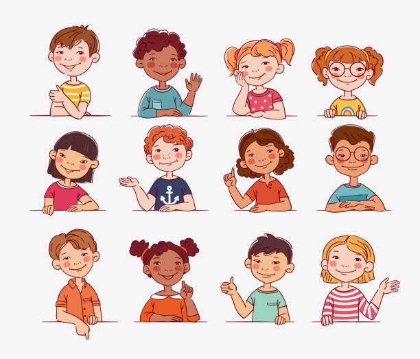 Funny kids. Multi-ethnic group of happy children. Different cartoon faces icons Funny kids. Multi-ethnic group of happy children. Different cartoon faces icons multicultural children stock illustrations