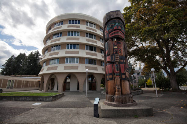 Totem poles, Duncan, BC,Canada August 24, 2019 Duncan, British Columbia, Canada: The widest totem in the world in front of a building. duncan british columbia stock pictures, royalty-free photos & images