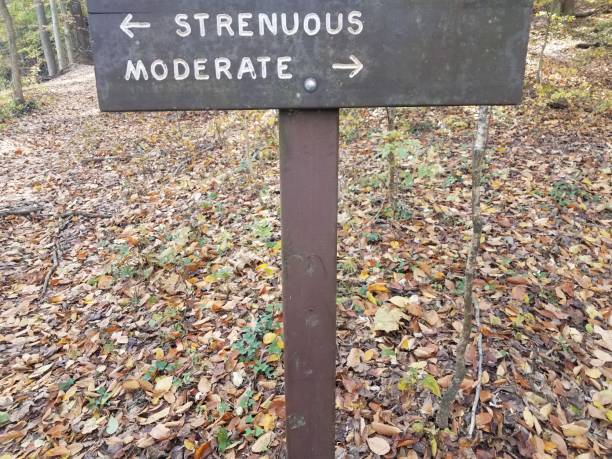 istock wooden strenuous or moderate sign on trail with fallen leaves 1171432169