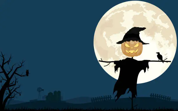 Vector illustration of Halloween night background with the full moon, farm and Jack-'o-lantern scarecrow. Vector illustration.
