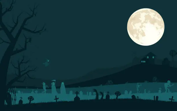 Vector illustration of Halloween background with vampire, grim reaper, zombies and witch in graveyard and the full moon. Vector illustration.