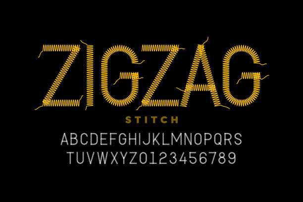 ilustrações de stock, clip art, desenhos animados e ícones de zigzag stitch style font design - sewn