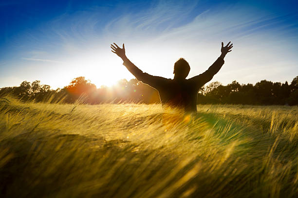 istock Man in a field with hands raised to the sun 117144797