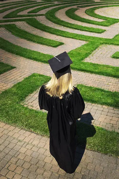 Subject: A graduating student wondering in the puzzling maze searching for a way to her future. Concept of student facing uncertain future to their life and career.