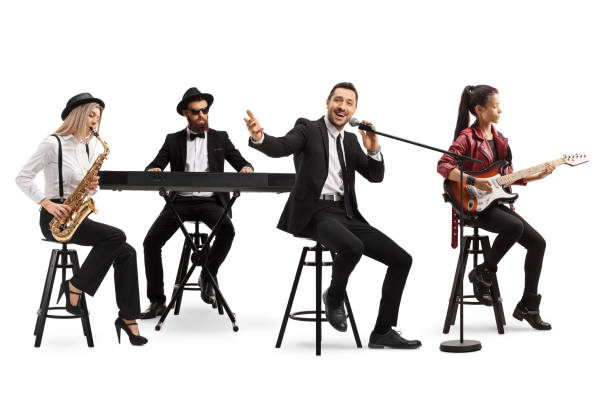 Music band with a guitarist, sax and keyboard and a singer Music band with a guitarist, sax and keyboard and a singer isolated on white background performance group stock pictures, royalty-free photos & images
