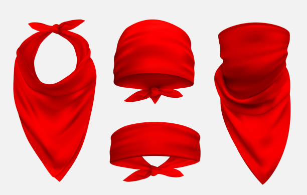 ilustraciones, imágenes clip art, dibujos animados e iconos de stock de conjunto de ilustraciones de accesorios 3d realistas de bandana roja - neckerchief