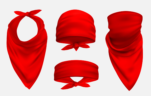Red bandana realistic 3d accessory illustrations set. Biker and cowboy clothes for protecting face isolated on white background. Fashionable silk headband, neckerchief and forehead. Unisex clothing