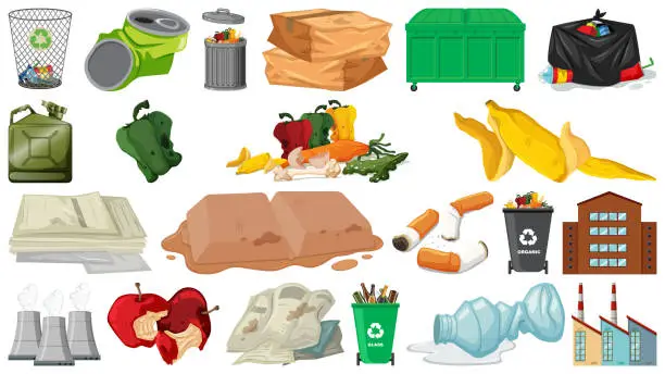 Vector illustration of Pollution, litter, rubbish and trash objects isolated