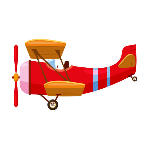 빈티지 비행기 복엽 비행기 만화 복고풍 붉은 색입니다. 벡터 격리 만화 스타일 - airplane banner biplane retro revival stock illustrations