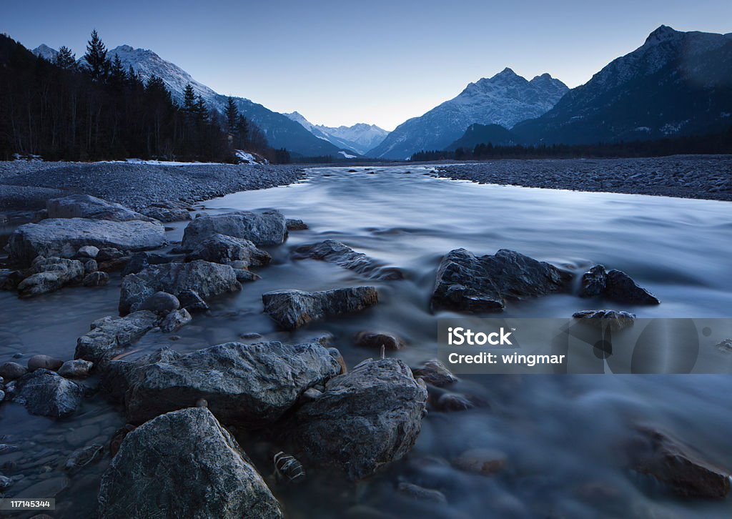 dawn at the lech river near forchach, tirol, austria  Stream - Body of Water Stock Photo