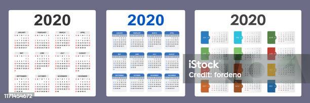 2020 Week Ranges Calendar 2020 Week Starts On Sunday Colorful Set Basic Grid Stock ...