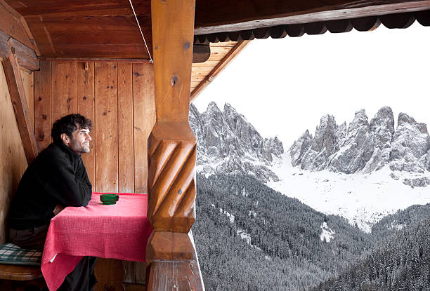 Snowy mountains seen from an alpine hut. 